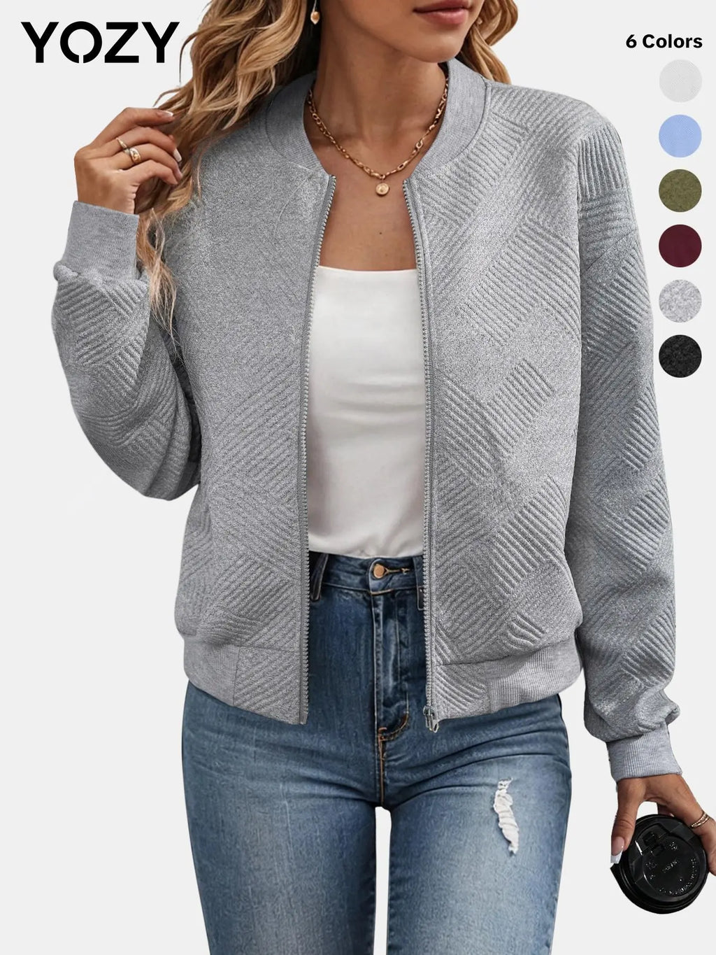 YOZY Textured Zip up Coat, Casual Solid Drop Shoulder Long Sleeve Mock Neck Outerwear, Women'S Daily Wear for Fall & Winter