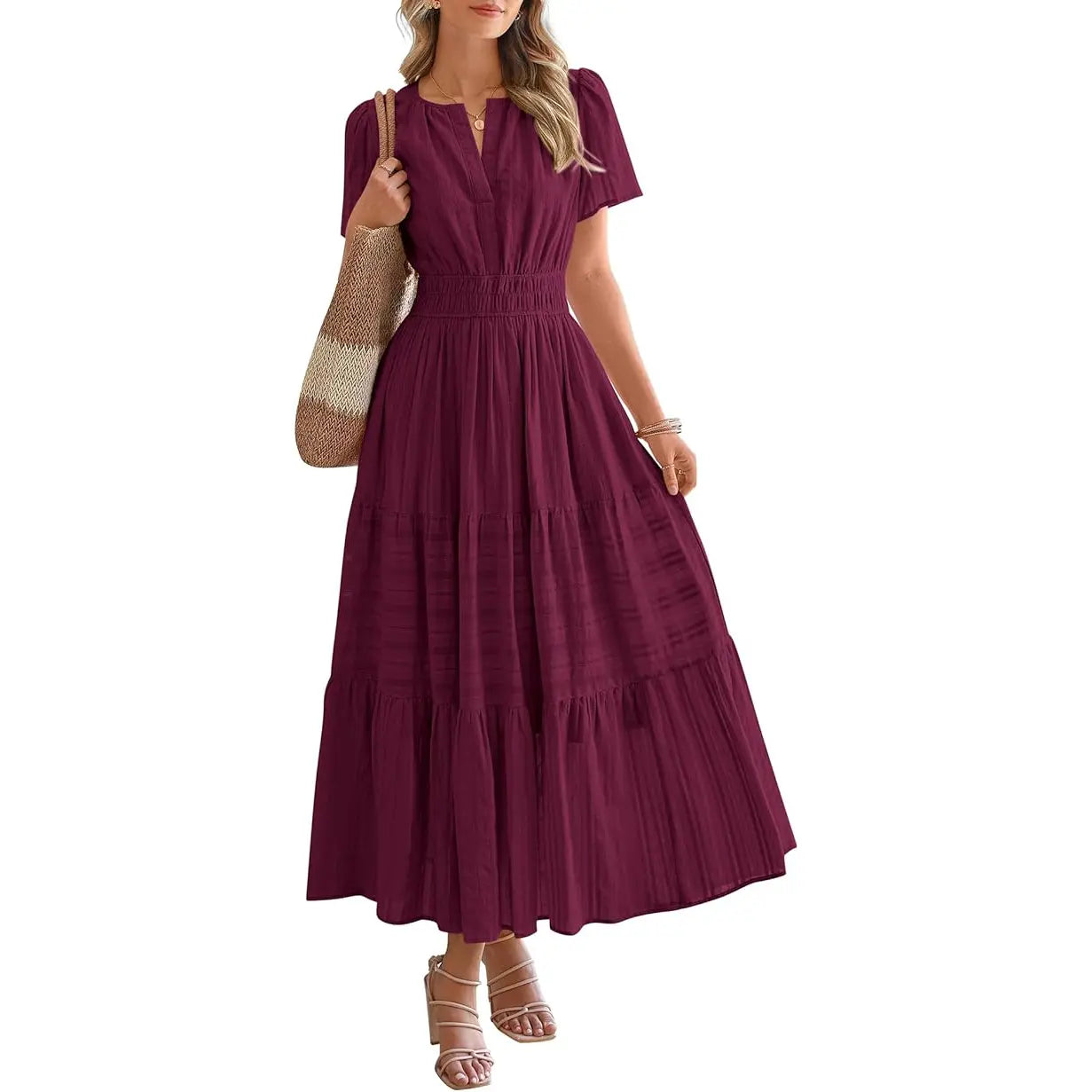 BTFBM Women'S Summer 2026 Casual Maxi Dress Lightweight Short Sleeve V Neck Boho Dress with Pockets