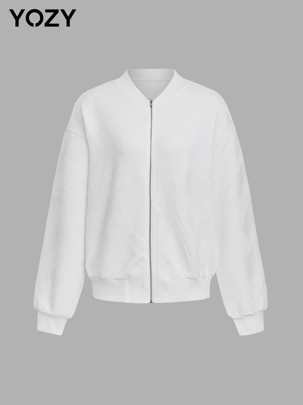 YOZY Textured Zip up Coat, Casual Solid Drop Shoulder Long Sleeve Mock Neck Outerwear, Women'S Daily Wear for Fall & Winter