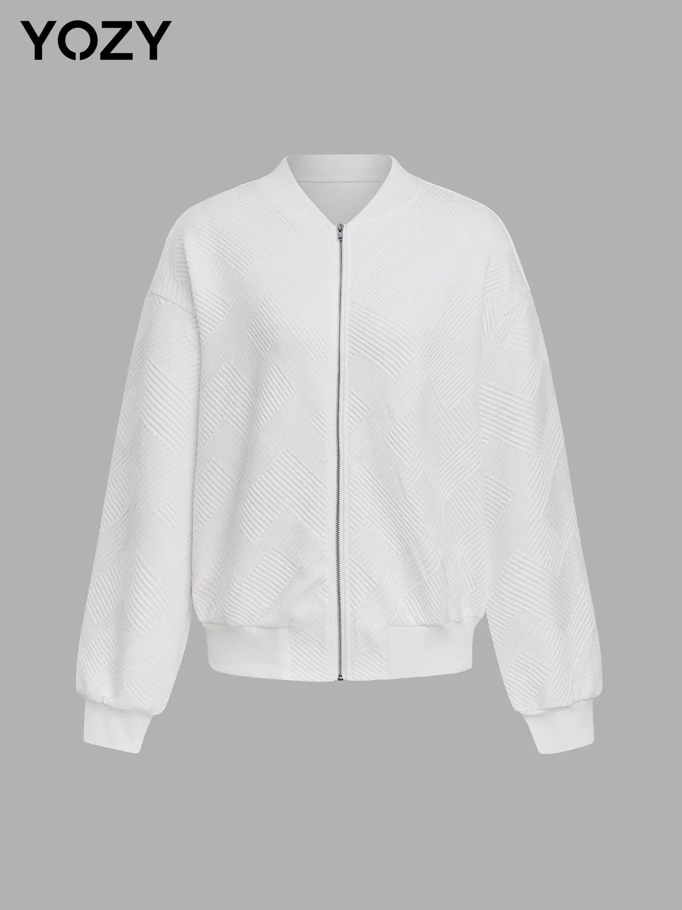 YOZY Textured Zip up Coat, Casual Solid Drop Shoulder Long Sleeve Mock Neck Outerwear, Women'S Daily Wear for Fall & Winter