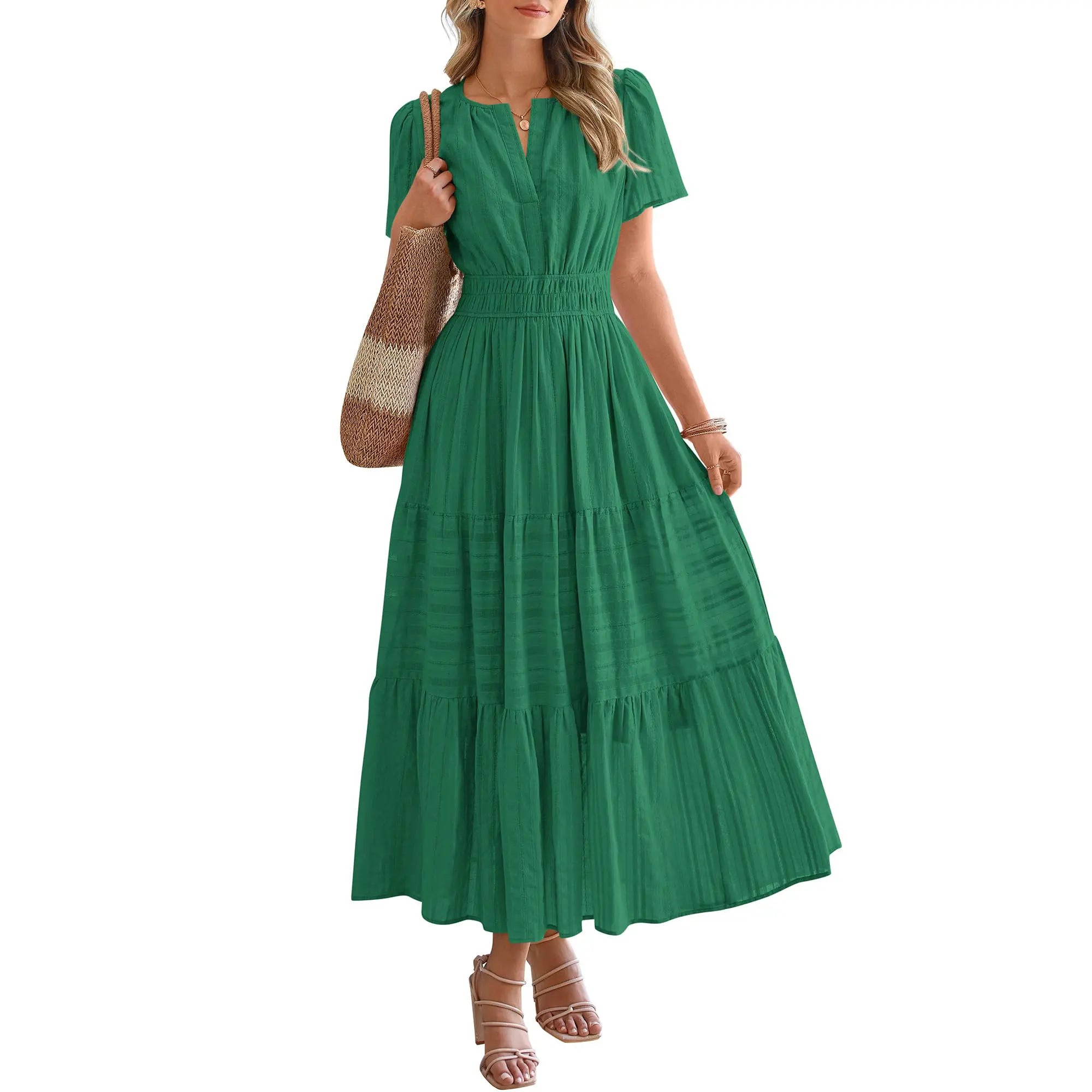 BTFBM Women'S Summer 2026 Casual Maxi Dress Lightweight Short Sleeve V Neck Boho Dress with Pockets