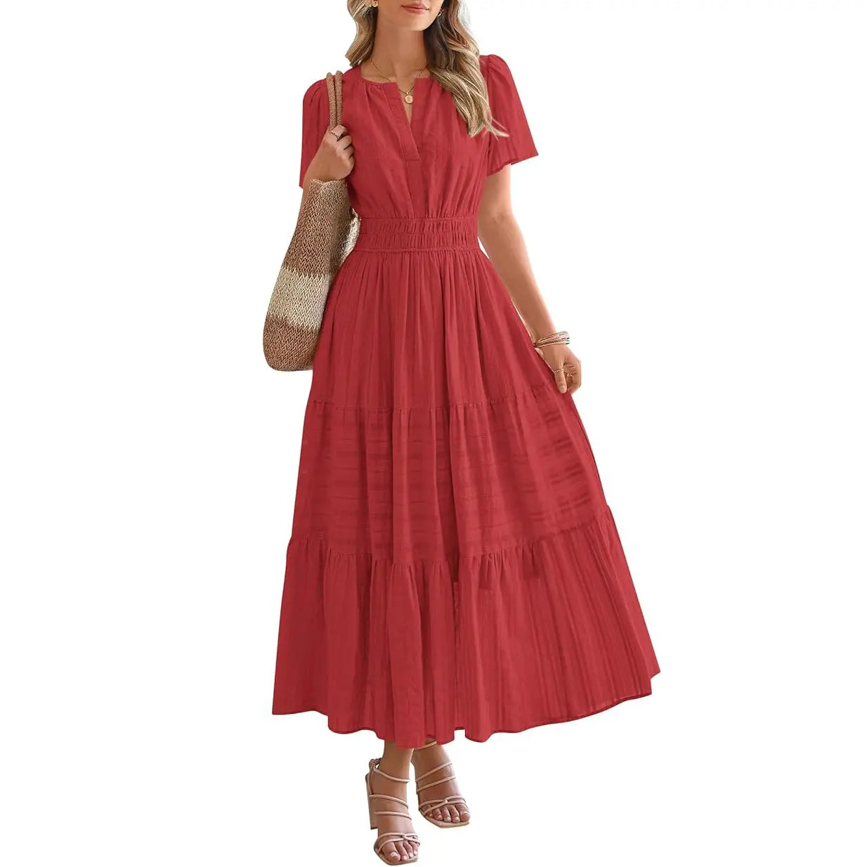 BTFBM Women'S Summer 2026 Casual Maxi Dress Lightweight Short Sleeve V Neck Boho Dress with Pockets
