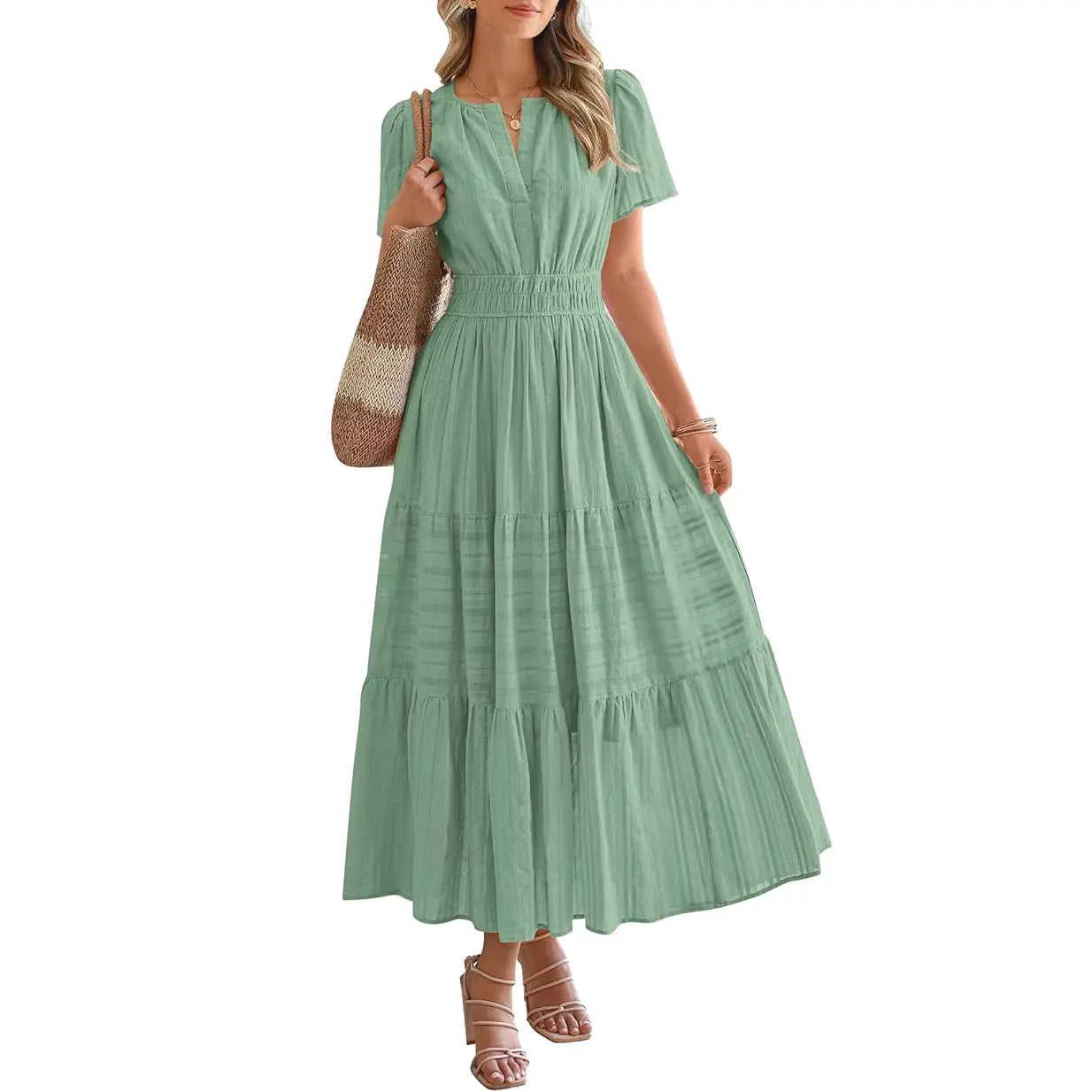 BTFBM Women'S Summer 2026 Casual Maxi Dress Lightweight Short Sleeve V Neck Boho Dress with Pockets