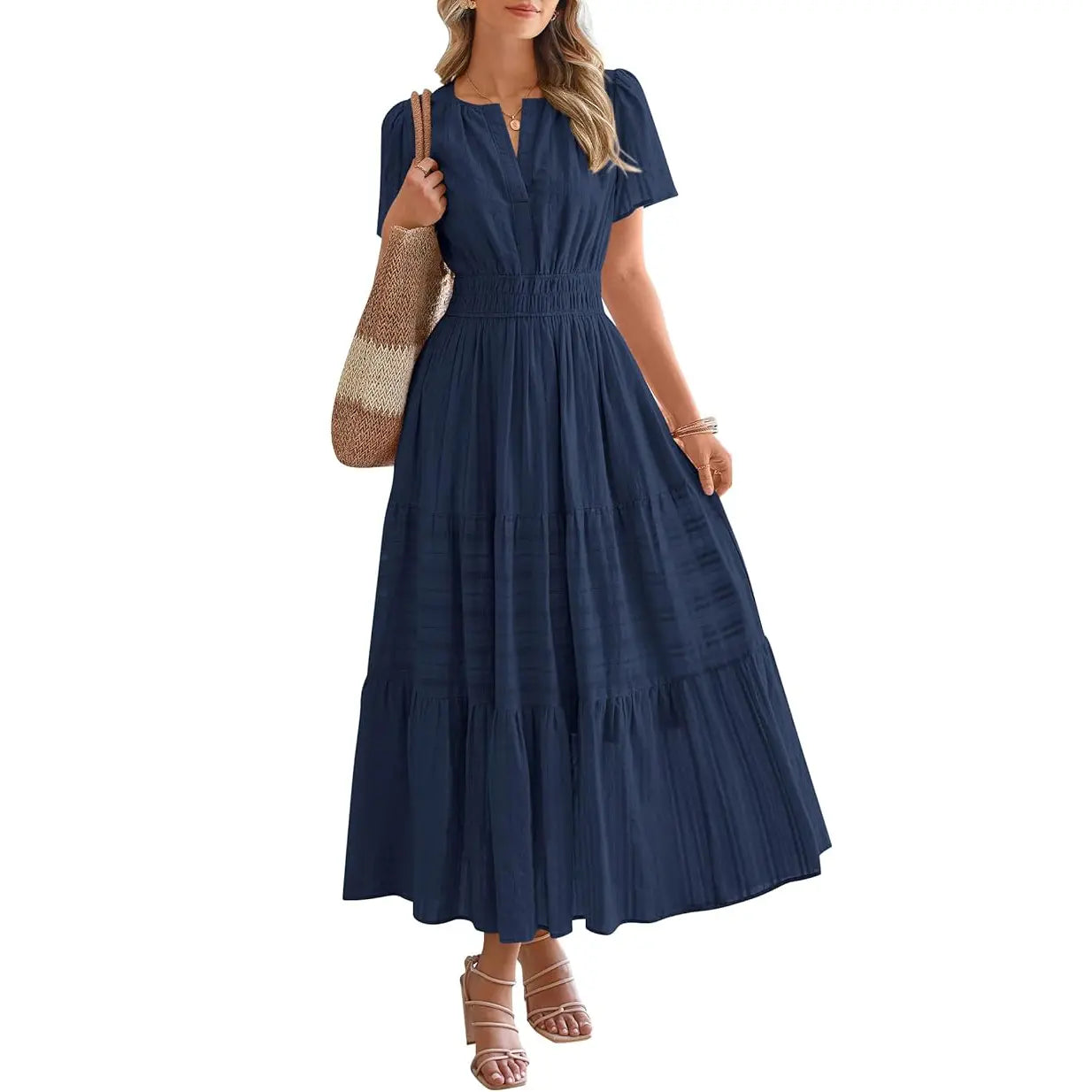 BTFBM Women'S Summer 2026 Casual Maxi Dress Lightweight Short Sleeve V Neck Boho Dress with Pockets