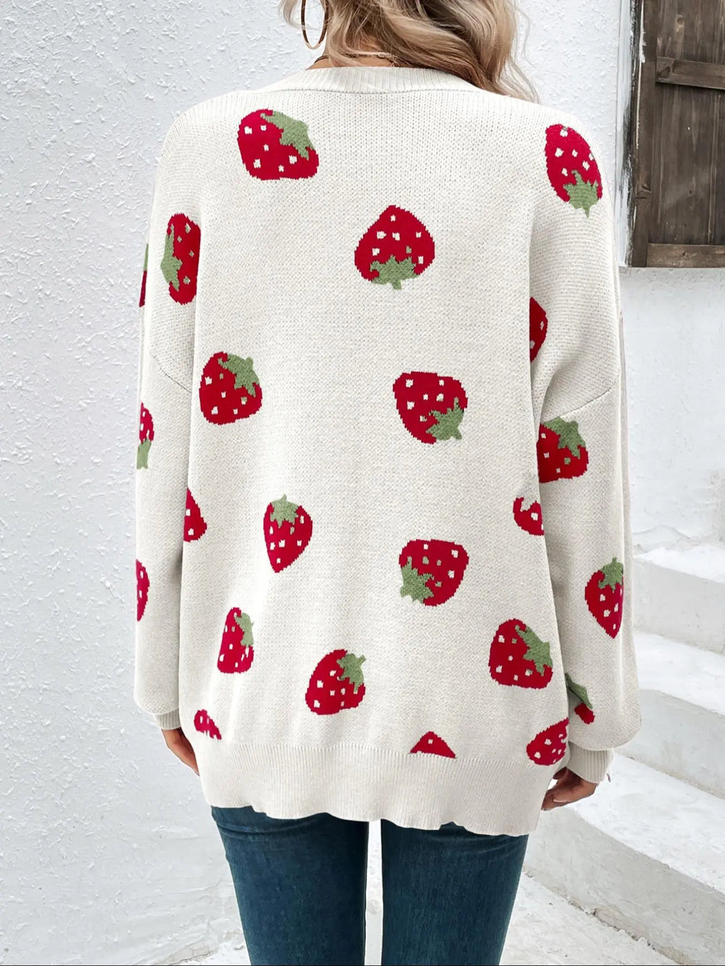 Women'S Strawberry Print Drop Shoulder Cardigan, Casual Cute Long Sleeve Knitwear for Daily Outdoor Wear, Women'S Knitwear for Fall & Winter