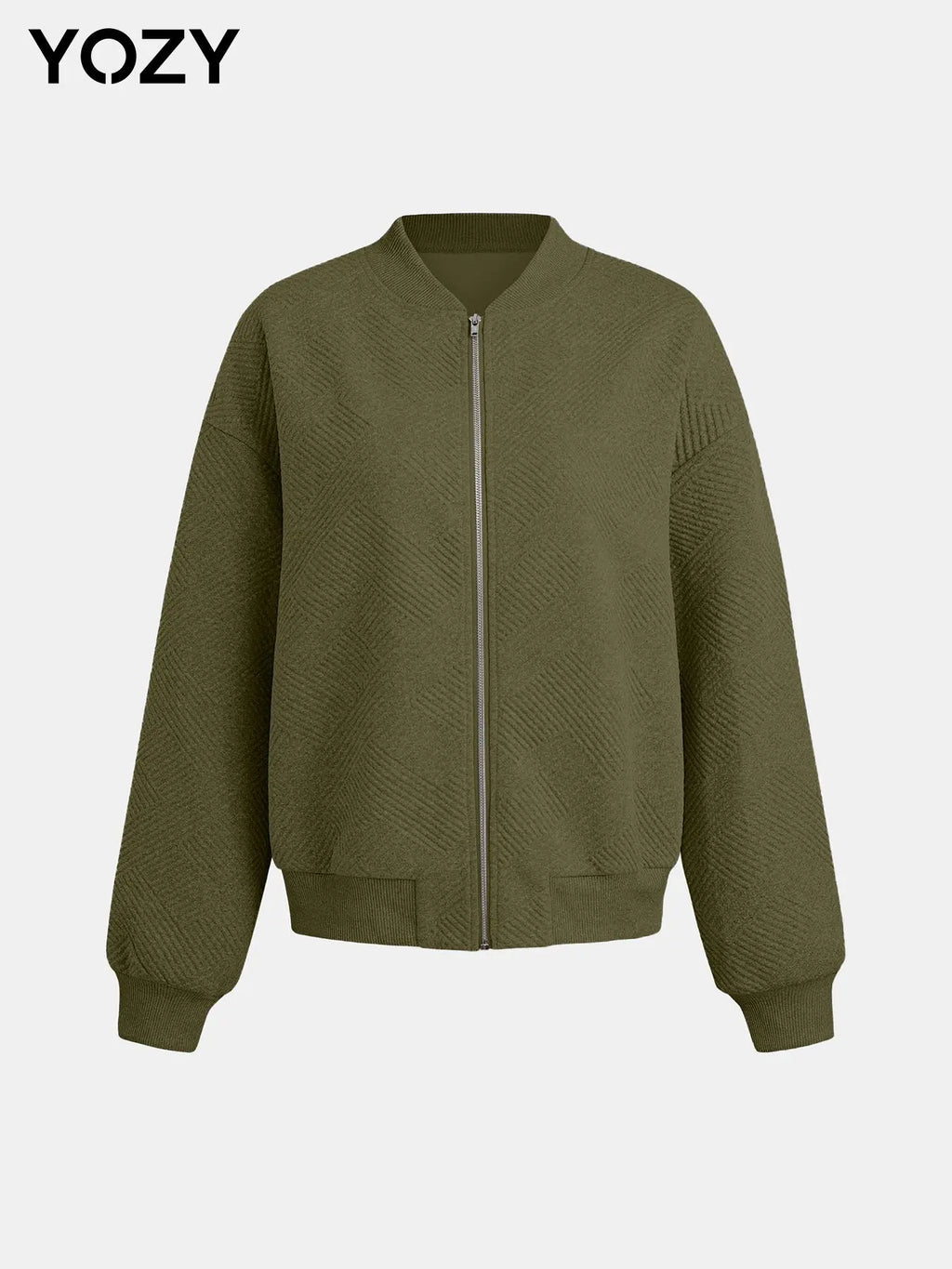 YOZY Textured Zip up Coat, Casual Solid Drop Shoulder Long Sleeve Mock Neck Outerwear, Women'S Daily Wear for Fall & Winter