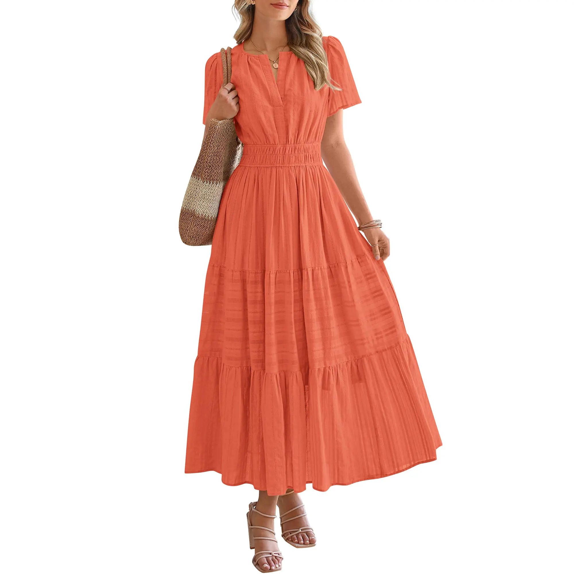 BTFBM Women'S Summer 2026 Casual Maxi Dress Lightweight Short Sleeve V Neck Boho Dress with Pockets