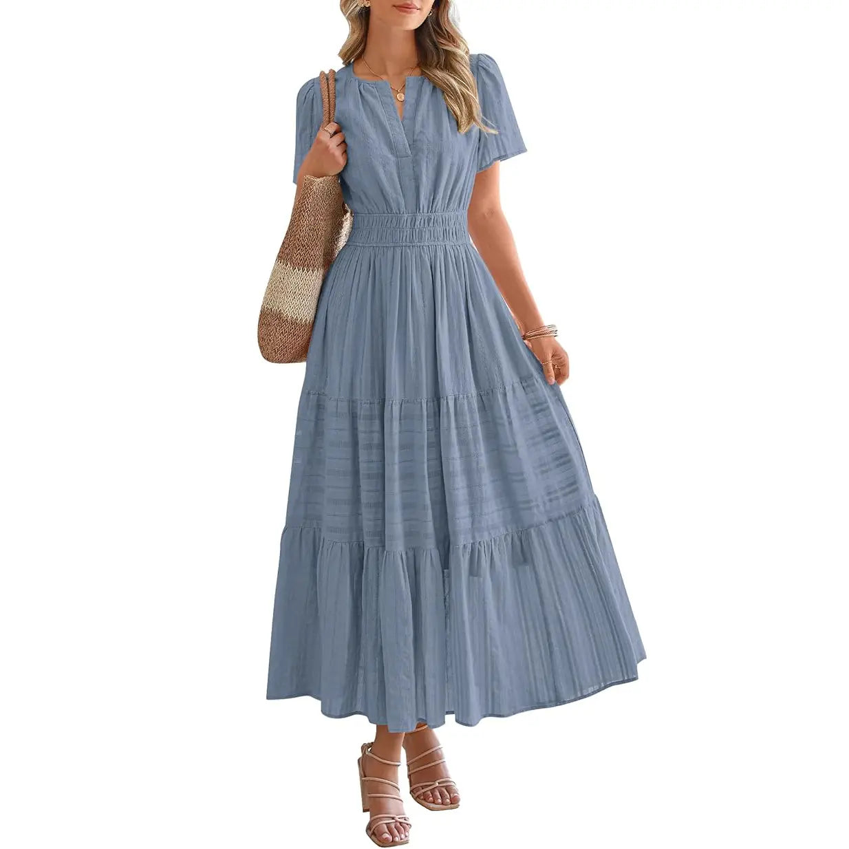 BTFBM Women'S Summer 2026 Casual Maxi Dress Lightweight Short Sleeve V Neck Boho Dress with Pockets