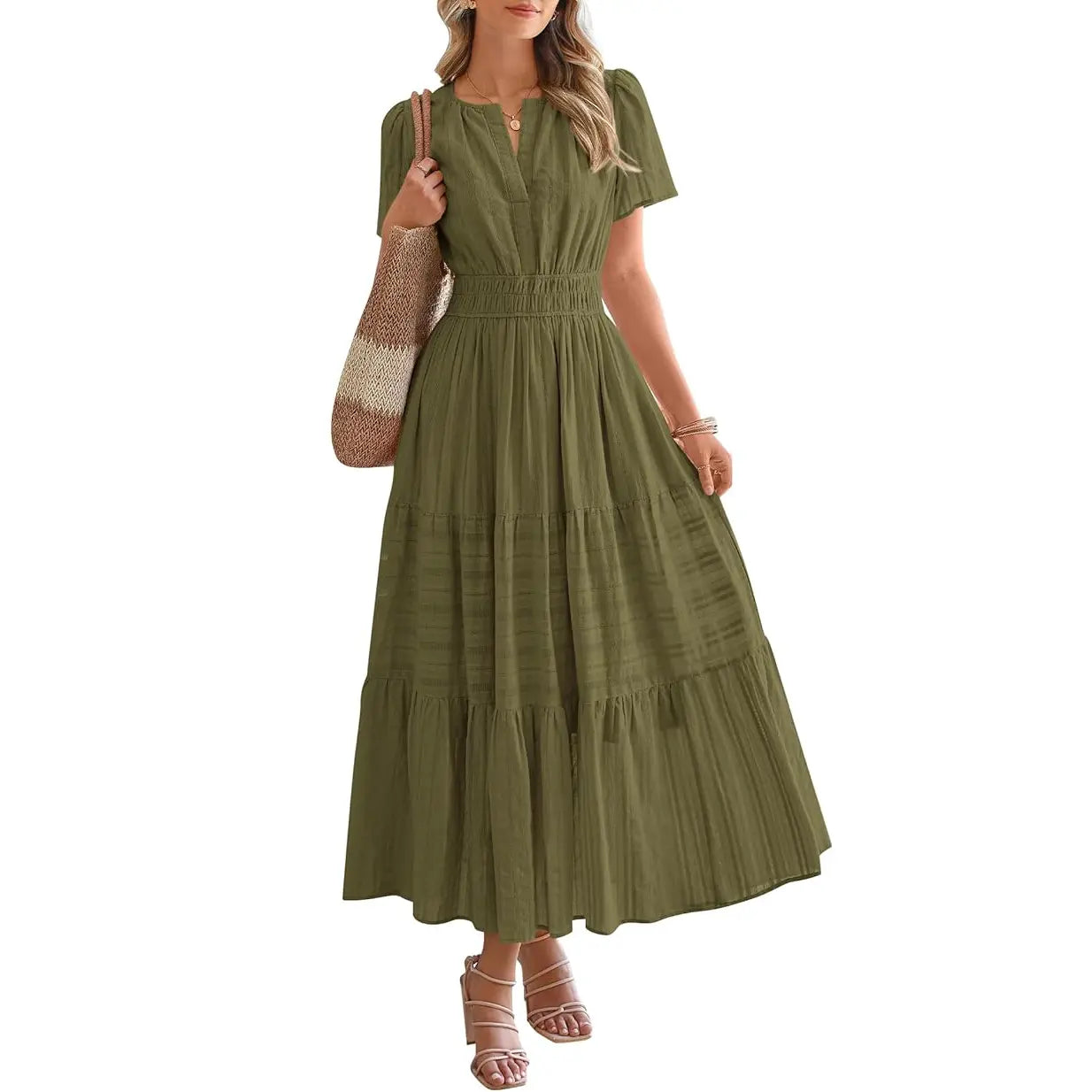 BTFBM Women'S Summer 2026 Casual Maxi Dress Lightweight Short Sleeve V Neck Boho Dress with Pockets