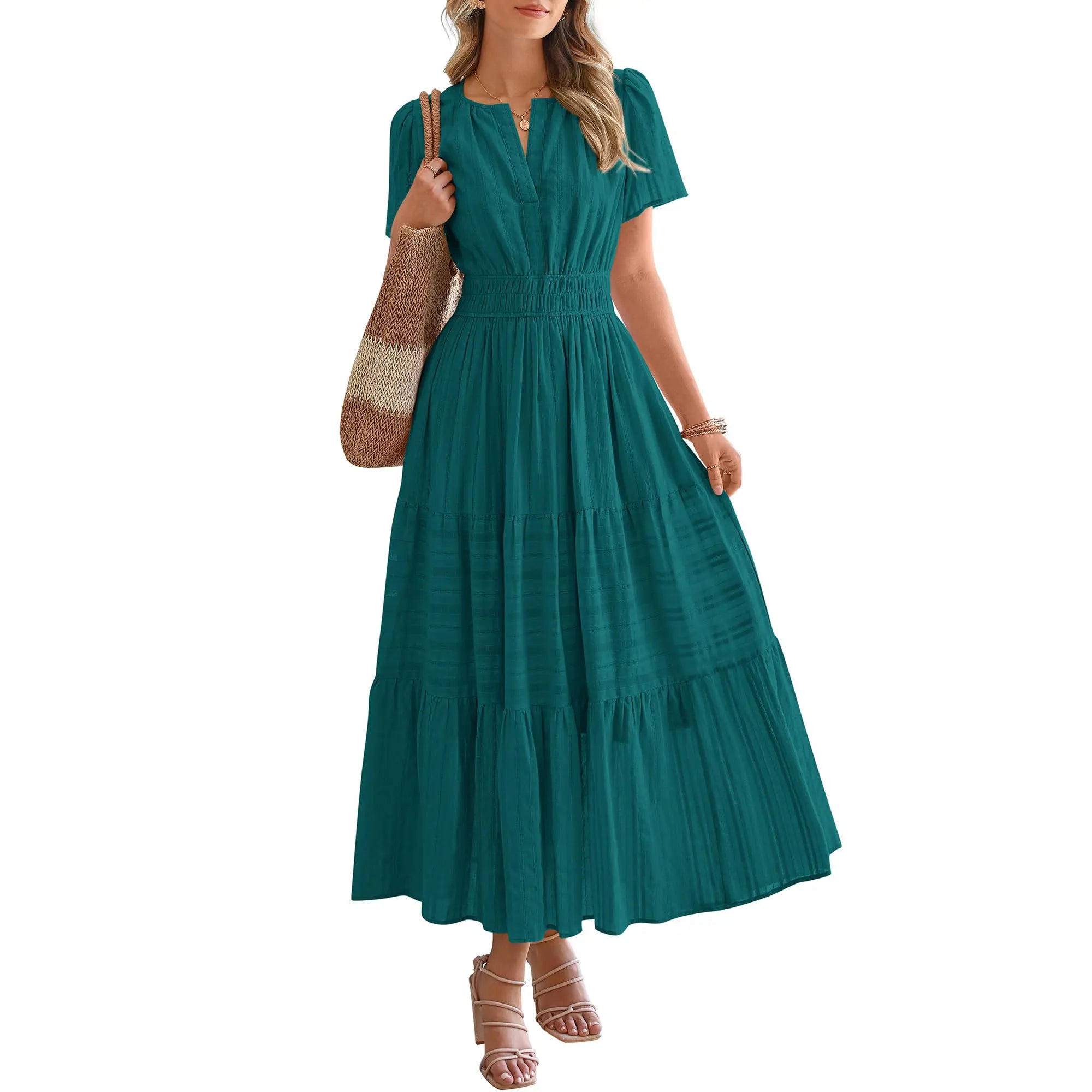 BTFBM Women'S Summer 2026 Casual Maxi Dress Lightweight Short Sleeve V Neck Boho Dress with Pockets