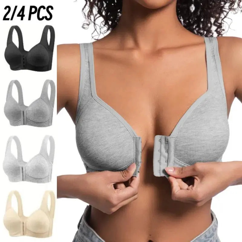 Esselegance Women'S Push-Up Bra (2/3/4PCS) - Adjustable Front Closure, Wire-Free Cross-Back, Seamless Side Support, Plain, Comfortable Breathable Underwear for Women, Cold Wash Suitable for Daily Spring-Summer Wear