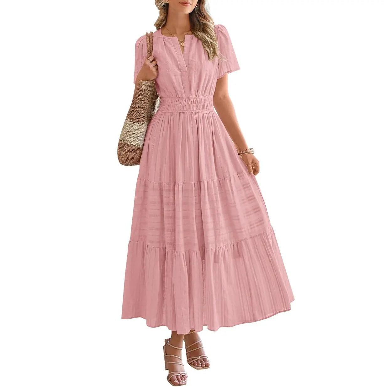 BTFBM Women'S Summer 2026 Casual Maxi Dress Lightweight Short Sleeve V Neck Boho Dress with Pockets