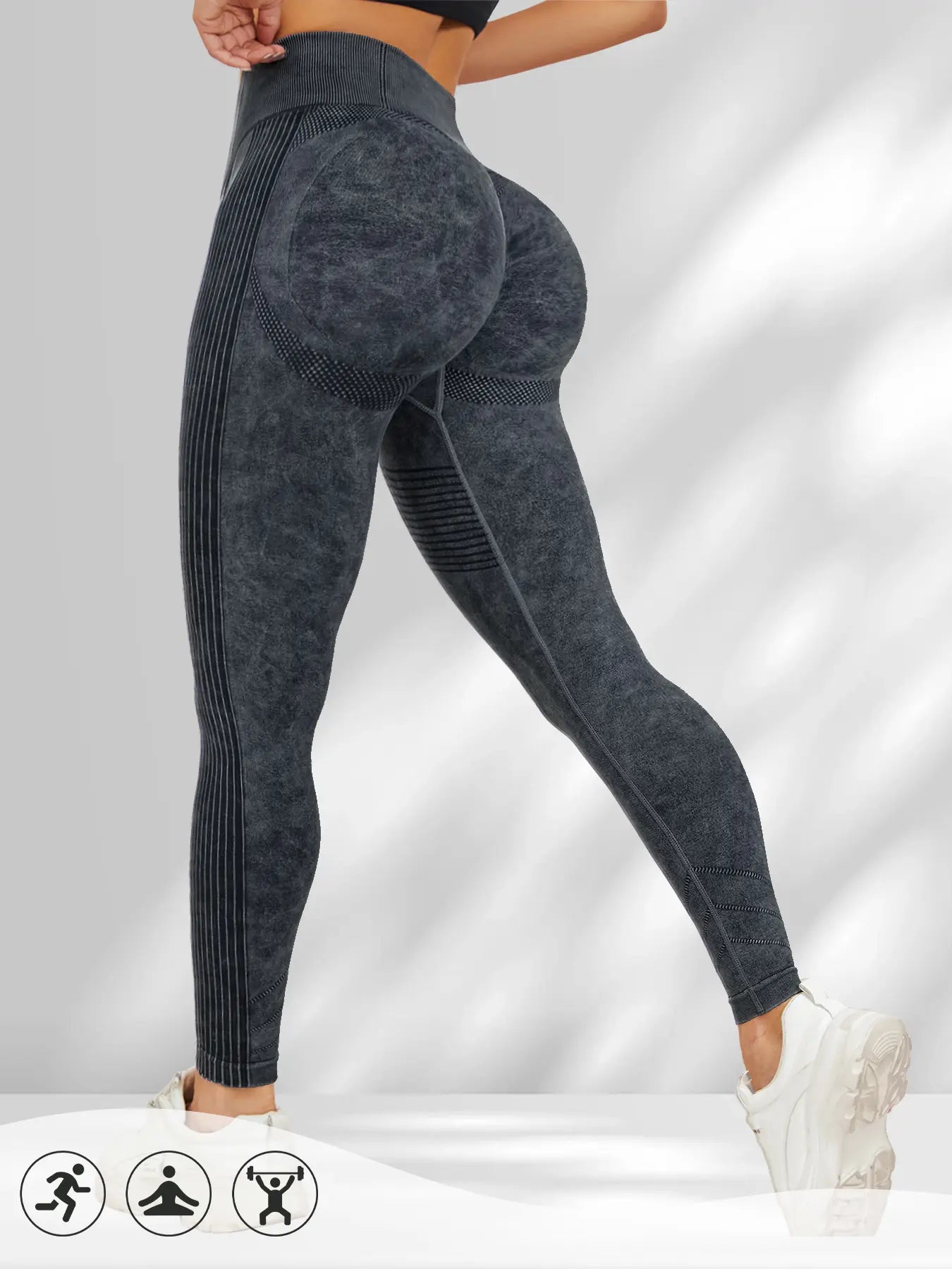 Women'S Washed Ruched Sports Leggings, Skinny Yoga Bottoms, Casual Comfy Breathable High Waist Ribbed Tight Pants for Yoga Gym Workout Running, Ladies Sportswear for All Seasons