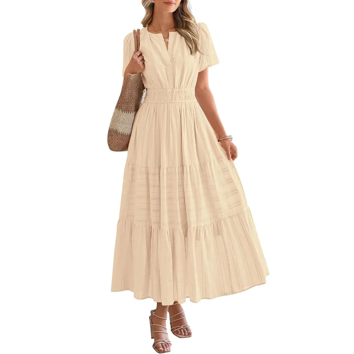 BTFBM Women'S Summer 2026 Casual Maxi Dress Lightweight Short Sleeve V Neck Boho Dress with Pockets