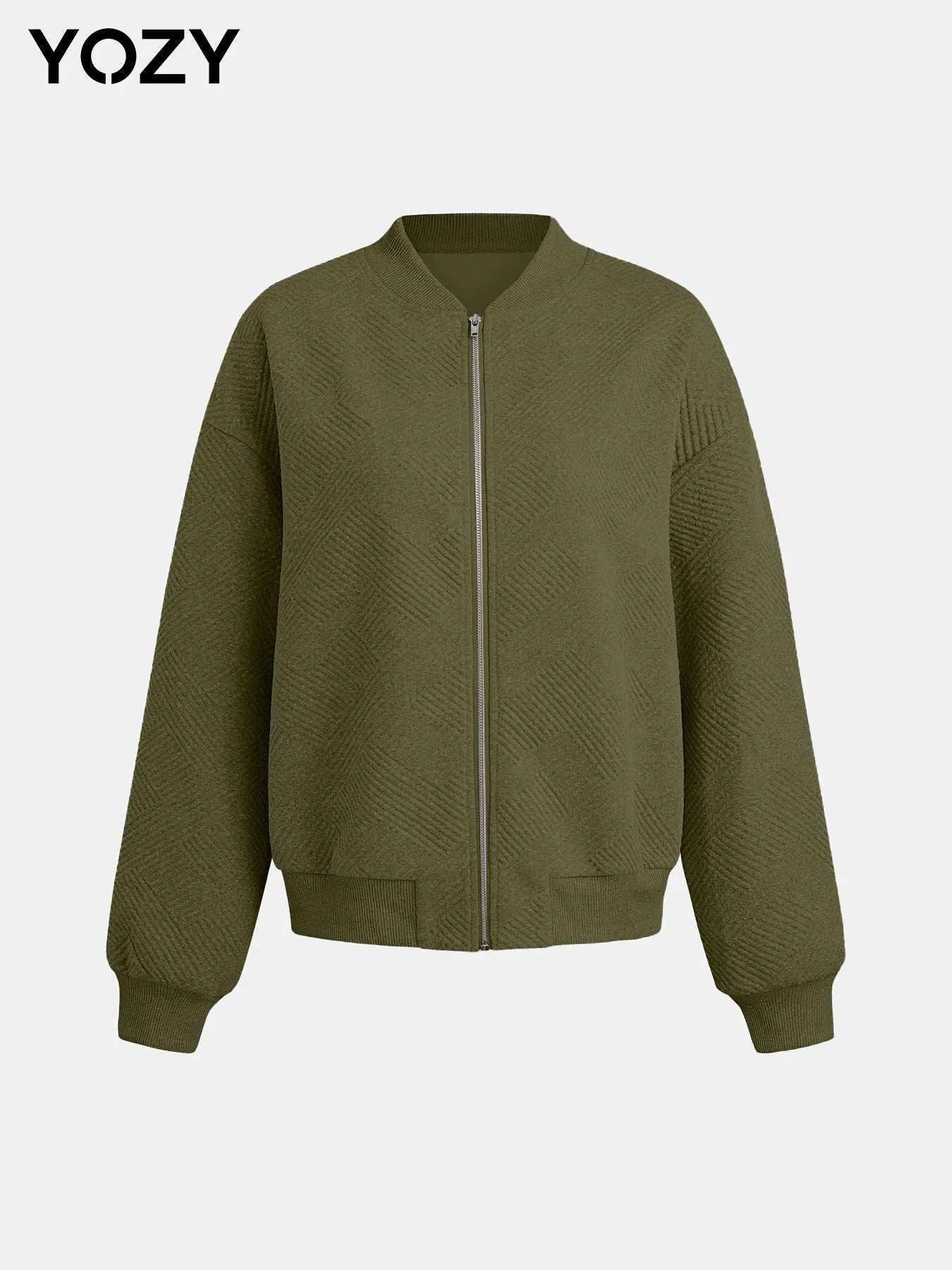 YOZY Textured Zip up Coat, Casual Solid Drop Shoulder Long Sleeve Mock Neck Outerwear, Women'S Daily Wear for Fall & Winter