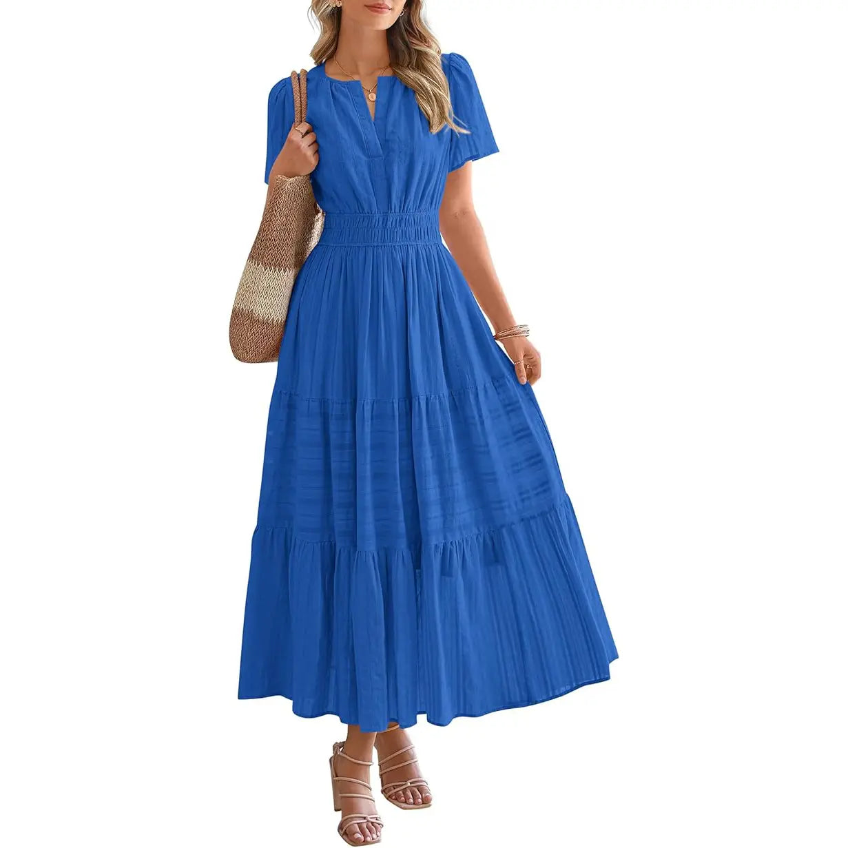 BTFBM Women'S Summer 2026 Casual Maxi Dress Lightweight Short Sleeve V Neck Boho Dress with Pockets