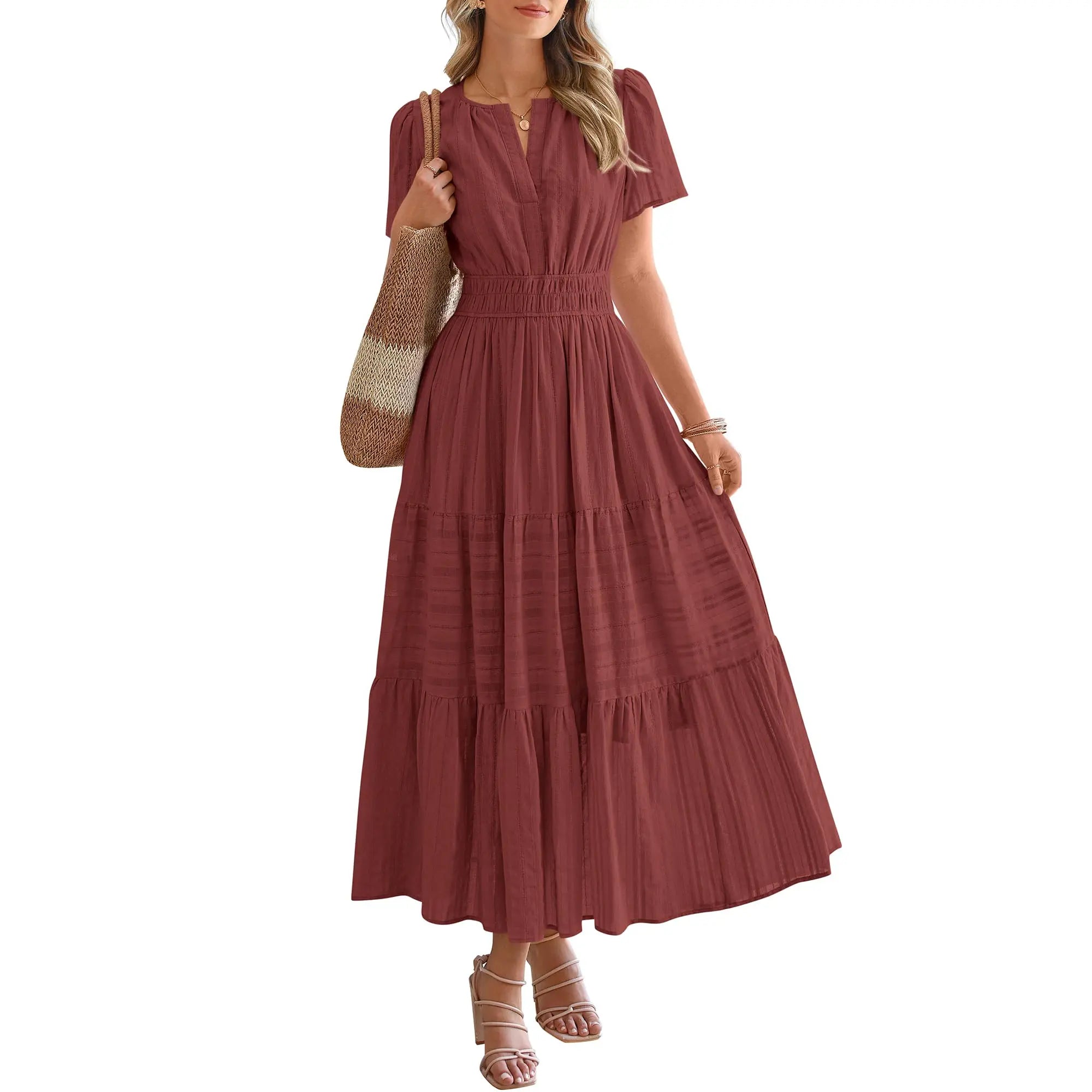 BTFBM Women'S Summer 2026 Casual Maxi Dress Lightweight Short Sleeve V Neck Boho Dress with Pockets