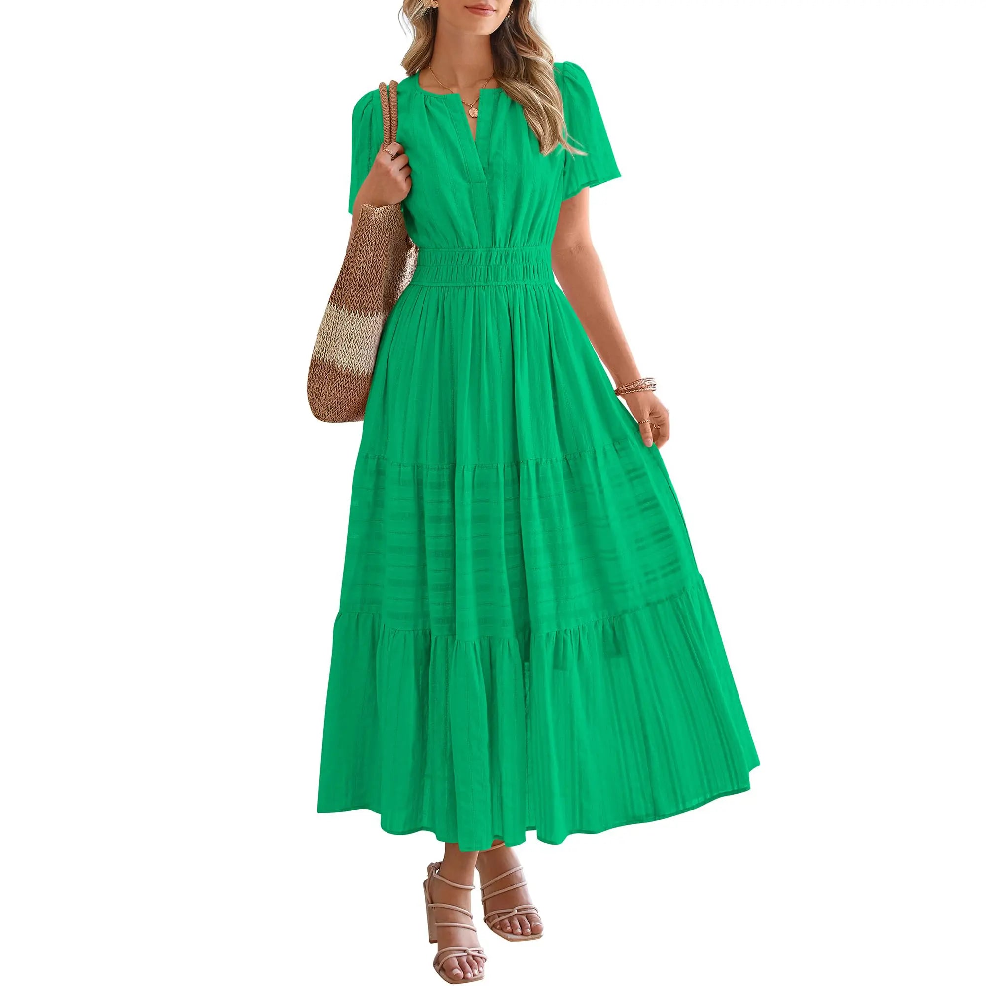 BTFBM Women'S Summer 2026 Casual Maxi Dress Lightweight Short Sleeve V Neck Boho Dress with Pockets