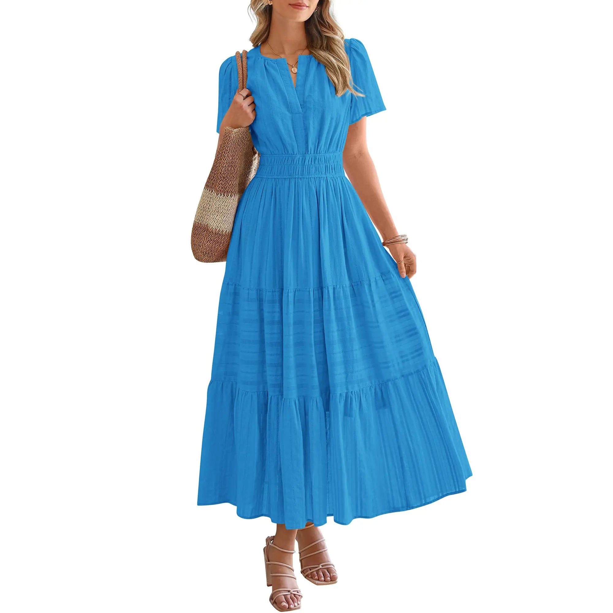 BTFBM Women'S Summer 2026 Casual Maxi Dress Lightweight Short Sleeve V Neck Boho Dress with Pockets
