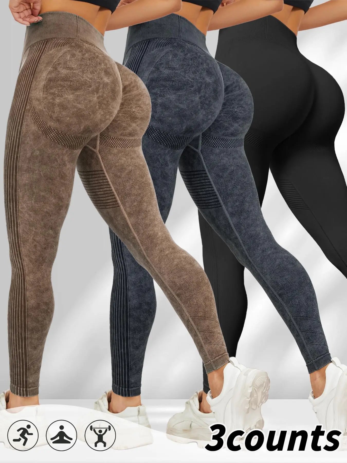 Women'S Washed Ruched Sports Leggings, Skinny Yoga Bottoms, Casual Comfy Breathable High Waist Ribbed Tight Pants for Yoga Gym Workout Running, Ladies Sportswear for All Seasons
