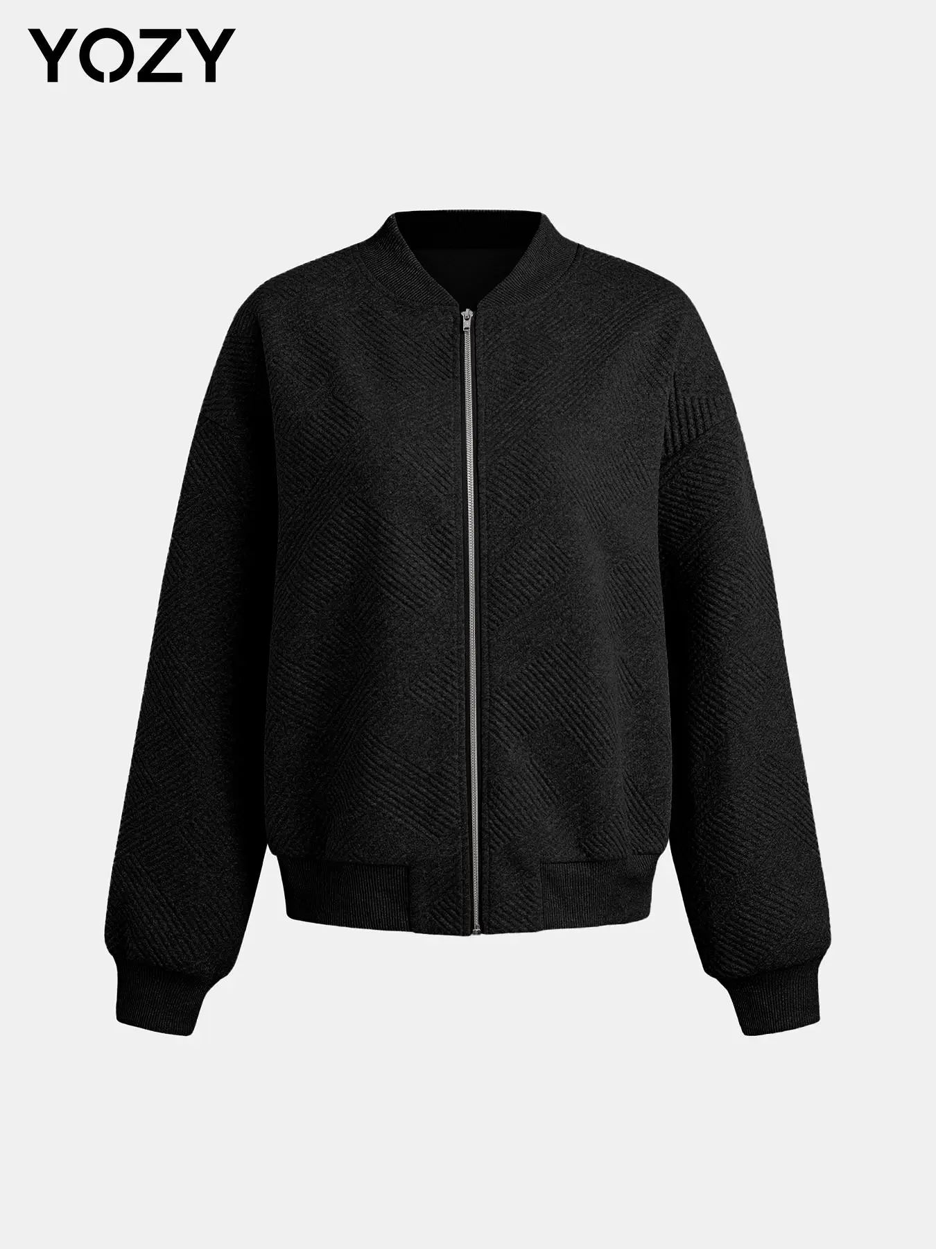 YOZY Textured Zip up Coat, Casual Solid Drop Shoulder Long Sleeve Mock Neck Outerwear, Women'S Daily Wear for Fall & Winter