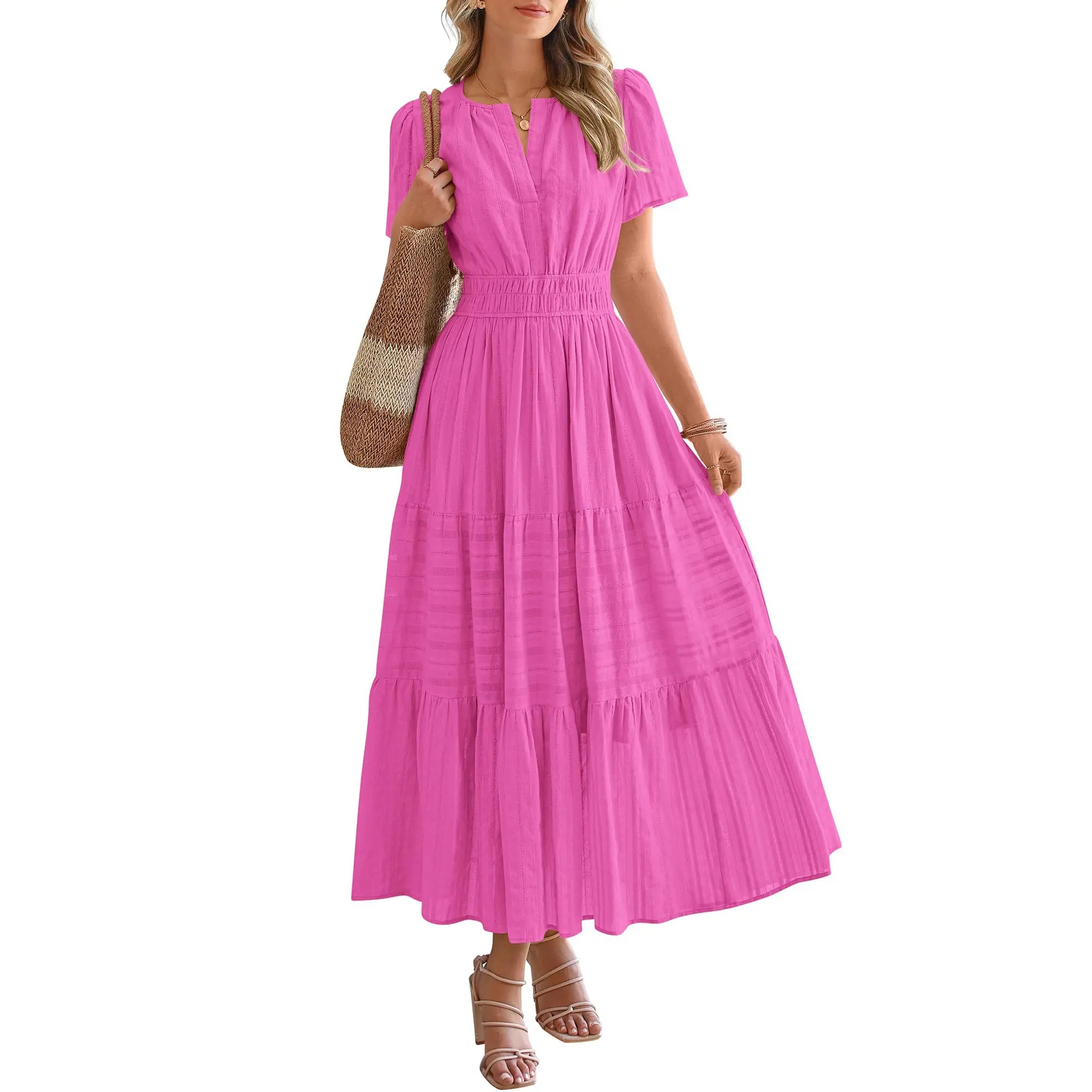 BTFBM Women'S Summer 2026 Casual Maxi Dress Lightweight Short Sleeve V Neck Boho Dress with Pockets
