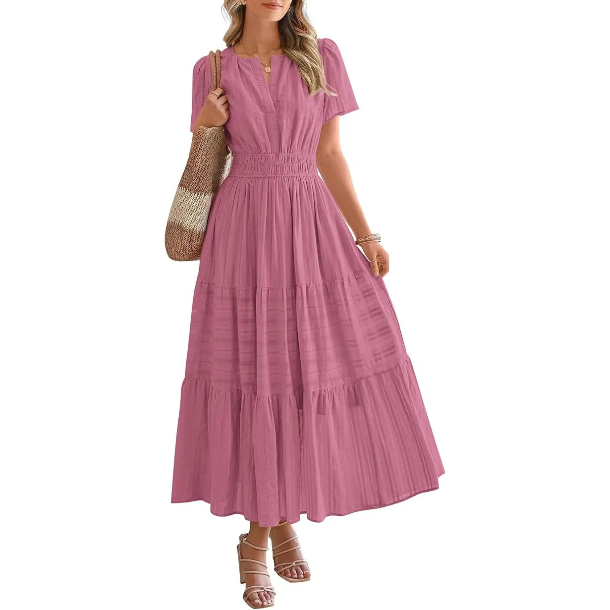 BTFBM Women'S Summer 2026 Casual Maxi Dress Lightweight Short Sleeve V Neck Boho Dress with Pockets
