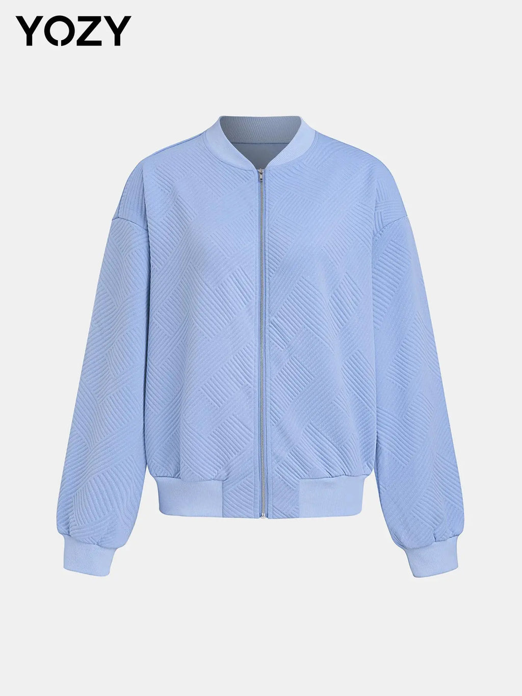 YOZY Textured Zip up Coat, Casual Solid Drop Shoulder Long Sleeve Mock Neck Outerwear, Women'S Daily Wear for Fall & Winter