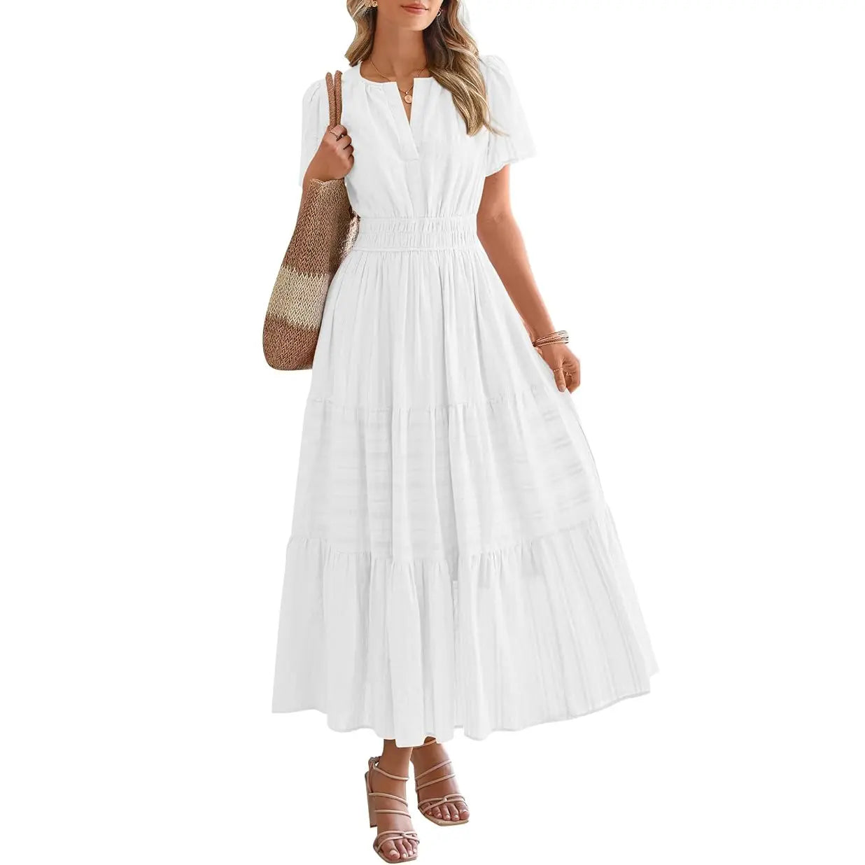 BTFBM Women'S Summer 2026 Casual Maxi Dress Lightweight Short Sleeve V Neck Boho Dress with Pockets