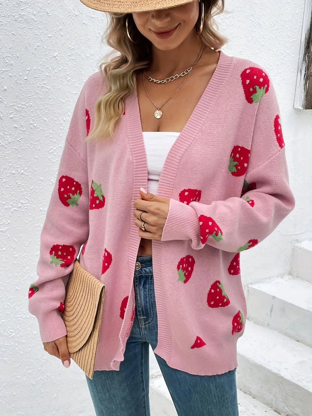 Women'S Strawberry Print Drop Shoulder Cardigan, Casual Cute Long Sleeve Knitwear for Daily Outdoor Wear, Women'S Knitwear for Fall & Winter