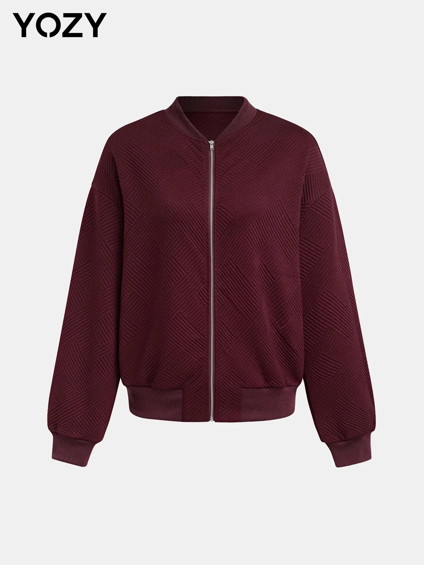 YOZY Textured Zip up Coat, Casual Solid Drop Shoulder Long Sleeve Mock Neck Outerwear, Women'S Daily Wear for Fall & Winter