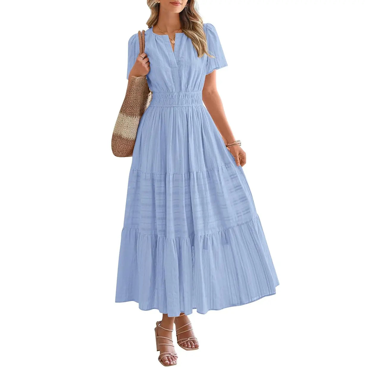 BTFBM Women'S Summer 2026 Casual Maxi Dress Lightweight Short Sleeve V Neck Boho Dress with Pockets
