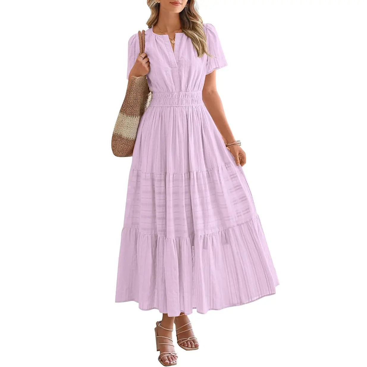 BTFBM Women'S Summer 2026 Casual Maxi Dress Lightweight Short Sleeve V Neck Boho Dress with Pockets