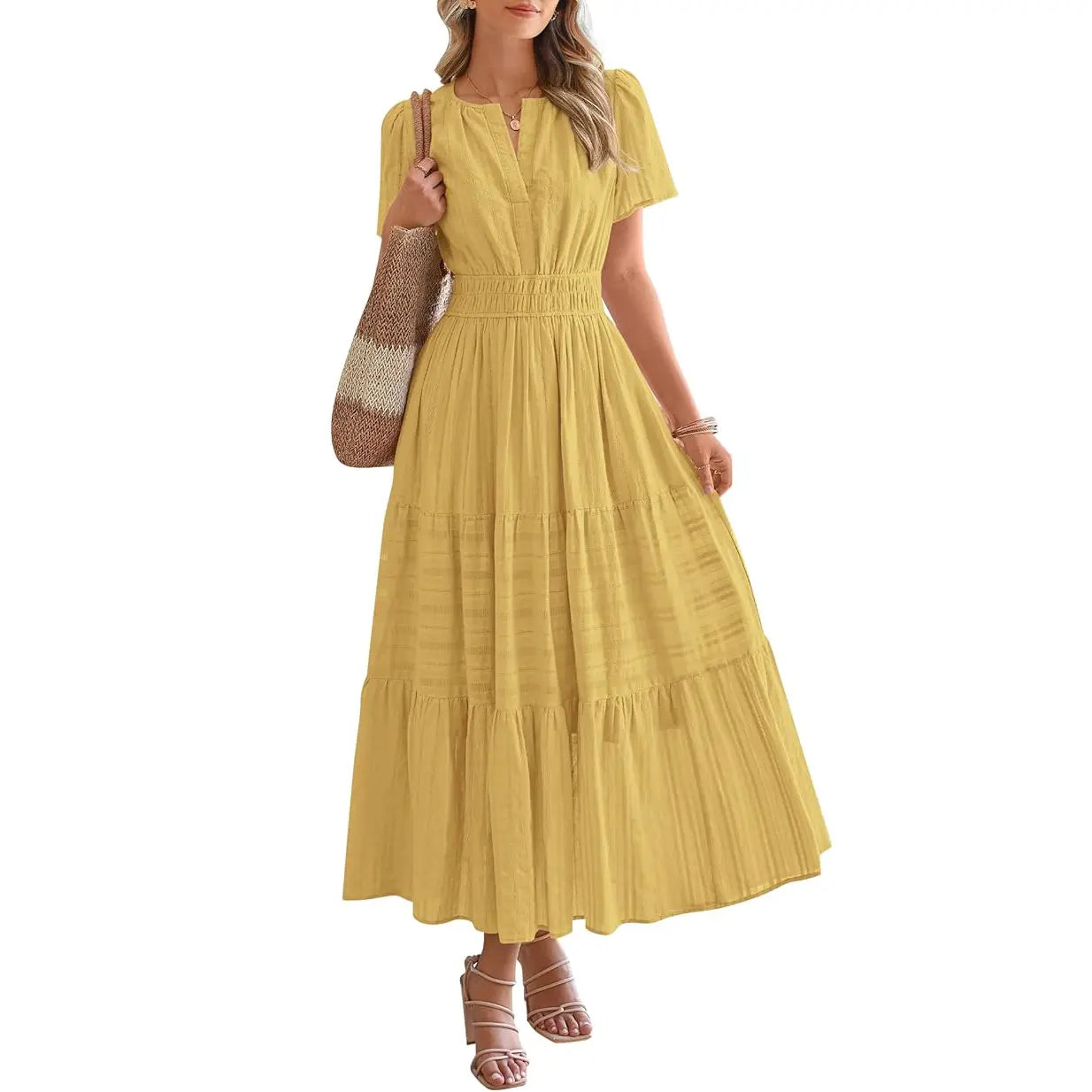 BTFBM Women'S Summer 2026 Casual Maxi Dress Lightweight Short Sleeve V Neck Boho Dress with Pockets